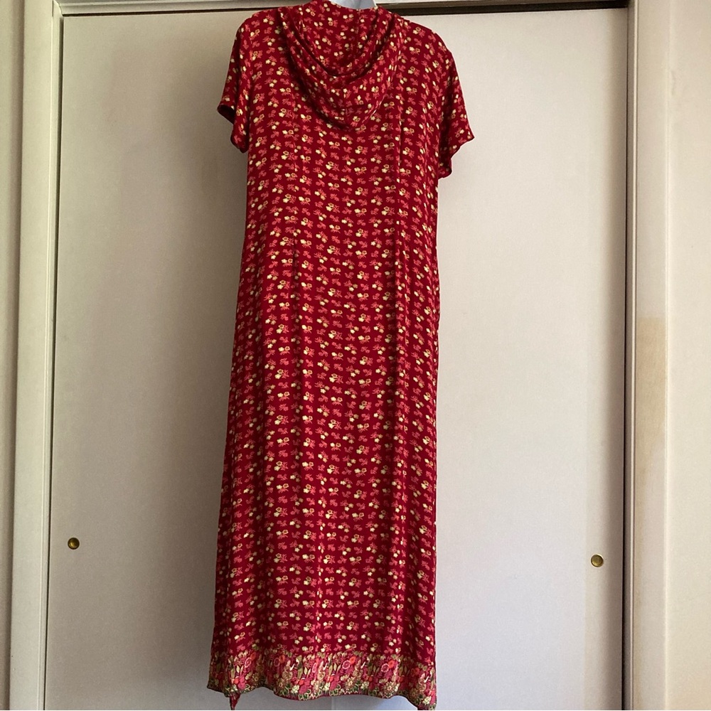 Vintage Y2K Red Short Sleeve Hooded Drawstring Floral Button Up Y2K Maxi Dress M - Picture 10 of 13